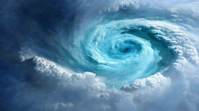 Hurricane eye with swirling clouds and intense blue sky creating powerful storm cyclone energy