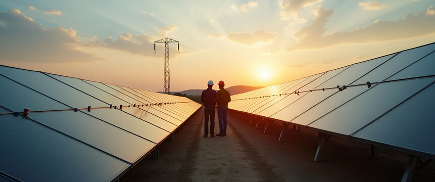 Aerial view of Engineering checking Solar cell Farm Electricity production from the sun concept as An aerial perspective of engineers inspecting a solar cell farm focusing on electricity production fr