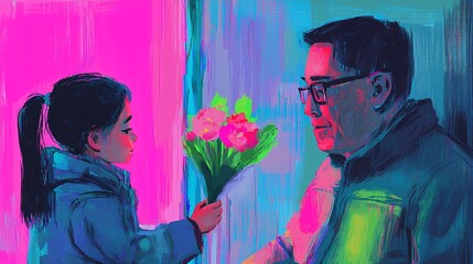 painting of a child offering flowers to a grandparent in a hospital room, capturing a heartfelt emotional moment child flowers grandparent hospital emotion love care support visit recovery healing 