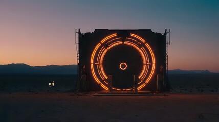 Illuminated portal structure in desert landscape at dusk with distant vehicle lights visible on horizon