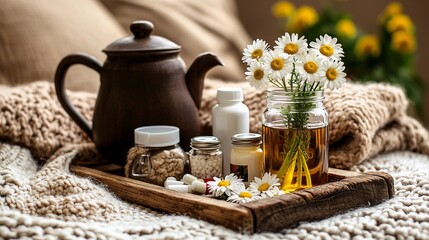 rustic wooden tray holding a teapot, medicine bottles, and a simple mason jar with fresh daisies, arranged on a knitted blanket in a home sickroom setting home care flowers, rustic sickroom, 