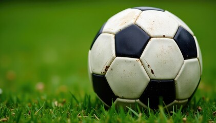 Close-up of a well-worn soccer ball, showing scuff marks and grass stains , detail, leather