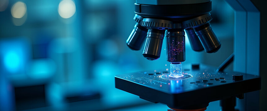 Microscope view of modified DNA strands displayed on advanced digital equipment in a biotech lab highlighting genetic research and scientific innovation concept with empty space on the left.