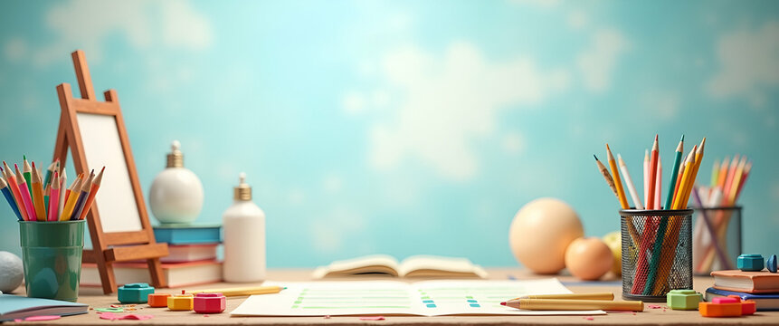 Photo realistic as School Supplies with Art Supplies and Easel concept as A set of school supplies art supplies and an easel set against a dreamy background offering ample space for text or graphics s