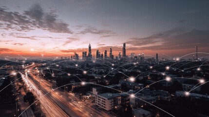 Urban city skyline at sunset with interconnected network lines symbolizing technology and communication in a modern digital world