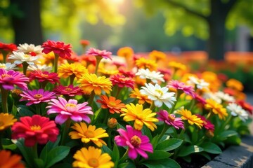 A vibrant flowerbed bursting with colorful blooms in full sun , plants, beautiful