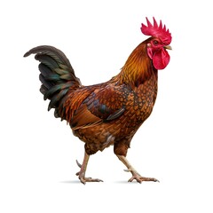 Fototapeta premium Brown Rooster Walking with Red Comb and Iridescent Tail Feathers 
