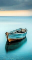 Obraz premium Tranquil blue boat on glassy water at sunset