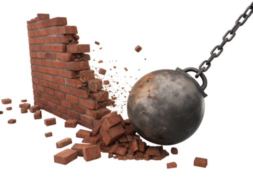 Demolition Breakthrough: An iron wrecking ball smashes into a brick wall, showcasing a powerful demolition with flying fragments and destruction. The scene symbolizes change and breaking barriers.