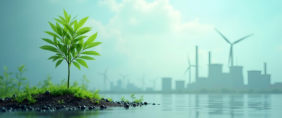 Leading Low Carbon Economy Initiatives: Sustainable Industrial Practices with Renewable Energy Systems & Advanced Environmental Management - Photo Stock Concept with Left Space