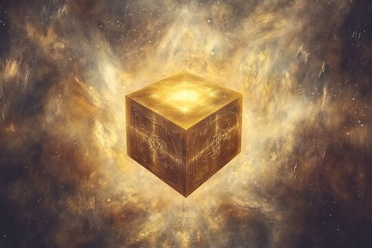 Mysterious glowing cube hovering center of the multiverse symbols rotating on surface like ancient puzzle
