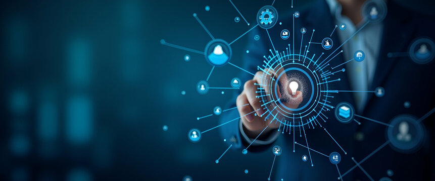 Innovative digital visualization of AI based knowledge management systems integrating advanced data organization intelligent information retrieval for enterprise efficiency in  Photo Stock  Concept  a