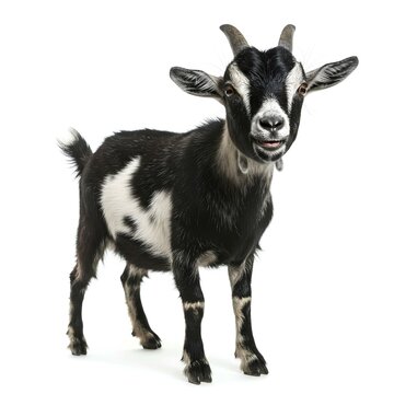 Front View of a black and White Goat Chewing Grass
