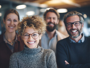 Obraz premium Smiling Diverse Teamwork: Happy Professional People in Office Portrait Highlighting Networking, Collaboration, and Business Success