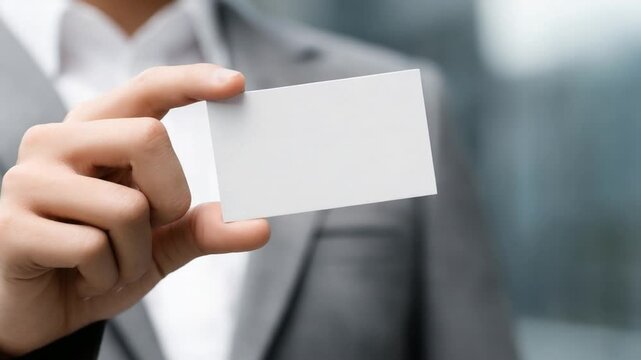 Business Card Presentation: A close-up shot of a person's hand presenting a blank business card, perfect for showcasing contact information or a personal brand.