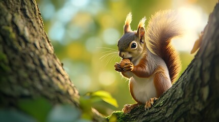Obraz premium Red squirrel eating nut on tree branch