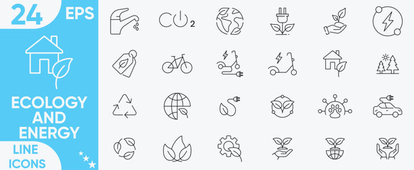 Ecology and energy icon set.renewable energy, ecology, sustainability, nature, recycle, electric bike, eco-friendly, forest, wind power, green symbol.Vector and illustrator set.