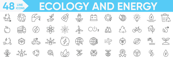 Ecology and energy icon set.renewable energy, ecology, sustainability, nature, recycle, electric bike, eco-friendly, forest, wind power, green symbol.Vector and illustrator set.
