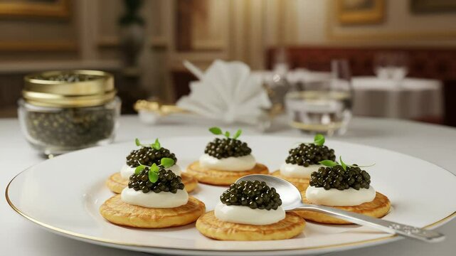 Gourmet caviar served on blinis with cream in upscale restaurant setting  