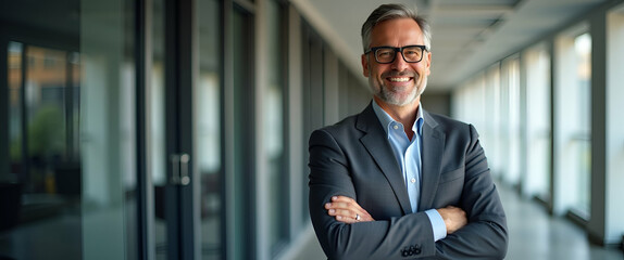 Happy 45 year old male executive glasses on radiating trust and leadership signifying robust business direction. concept as Mature CEO stands confidently in office arms relaxed. Headshot underscores a
