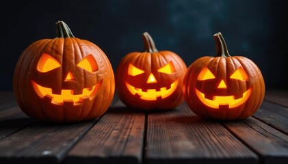 Obraz premium Spooky carved pumpkins on a rustic wooden surface, glowing from within , autumn background, jackolantern, harvest