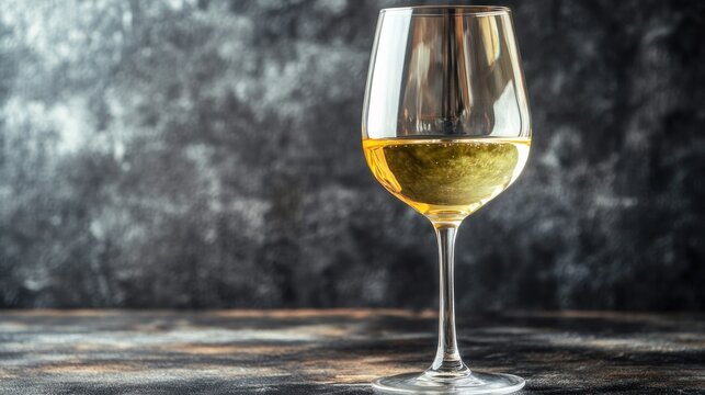 Pale yellow wine in elegant glass on dark background