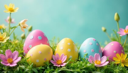 Vibrant Easter eggs in pastel colors, nestled in spring flowers and greenery , element, pastel, colorful eggs