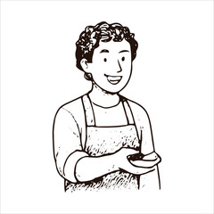Hand-drawn sketch of a cheerful barista with curly hair holding a cup, ideal for cafe and hospitality designs. Black and white vector style, perfect for coffee culture and service branding