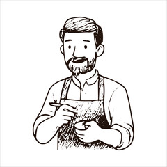 Hand-drawn sketch of a barista holding a notebook, ideal for cafe and food service designs. Black and white vector style, perfect for coffee culture and hospitality branding