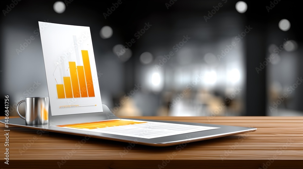 Poster tablet featuring business chart displaying data insights in professional setting for analysis