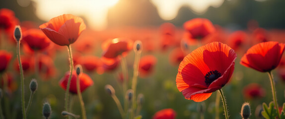 Memorial Day Poppies: Striking Red Flowers in Artistic Focus, Symbolizing Remembrance and National Pride, with Empty Space for Text on the Left Side