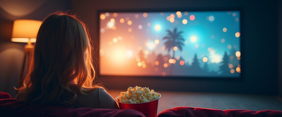 Photo realistic double exposure of a person with a modern home theater movie screen and popcorn, symbolizing the ultimate home cinema experience in contemporary American living.