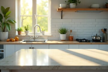 A sparkling clean kitchen counter, sunlight streaming in , countertop cleaning, neat