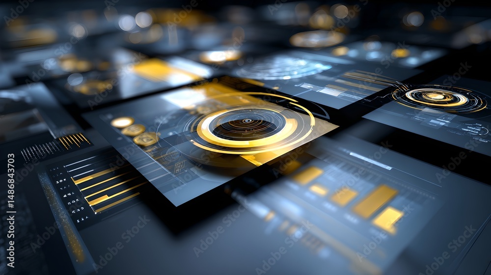 Poster high-tech computer setup featuring a gold disk for data storage and digital innovation