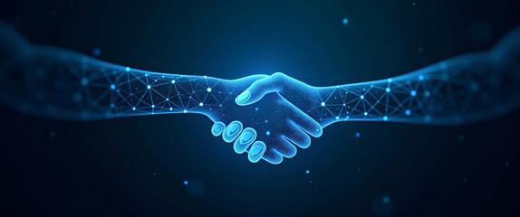 Abstract image of Business handshake in glowing blue low polygon particle triangle style design wireframe light connection structure or points lines and shapes in form of planets stars. concept as Abs