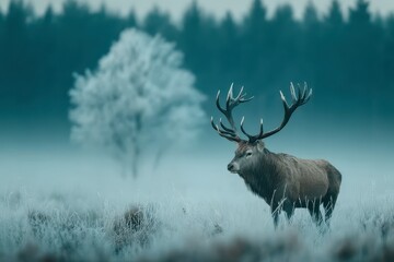 Naklejka premium Majestic Stag in Foggy Winter Forest Dawn Landscape
