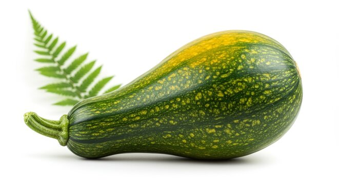 Studio shot of a vibrant zephyr squash alongside a delicate fern leaf