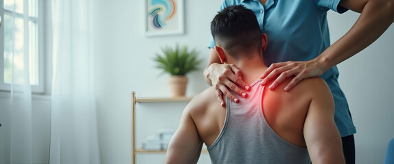 Physiotherapist doing healing treatment on mans back. Back pain patient treatment medical doctor massage therapist office syndrome concept as A physiotherapist provides treatment to a patient with bac