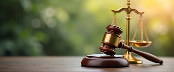 Illustration of a wooden gavel and golden scale representing law emphasizing international environmental concepts corporate industry environmental regulation and sustainable environment concept as Ill