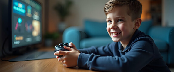 Boy Engaging in Fun Strategy Games on Modern Gaming Console: Showcasing Youthful Skills and Enthusiasm in a Dynamic Photo Stock Concept with Empty Space for Customization