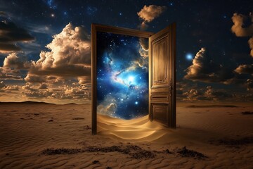 Mystical doorway a desert opening to the multiverse sand lifting into galaxies as dimensions align featuring surreal fantasy