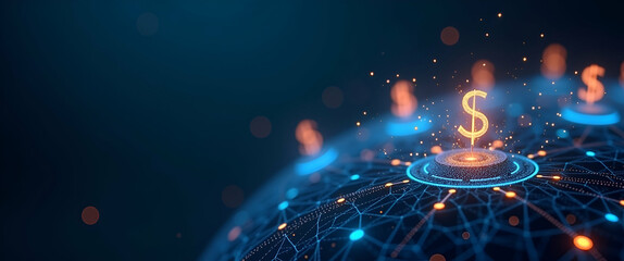 Contemporary Wallpaper Design: Abstract Visuals with Digital Grids & Currency Icons for Fintech Integration - Ideal for Corporate Text Overlays