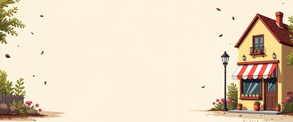 Coffee Shop Exterior Illustration Border for International Coffee Day Banners - Illustrated Coffee Shop Design with Copy Space on Left Side for Creative Promotions