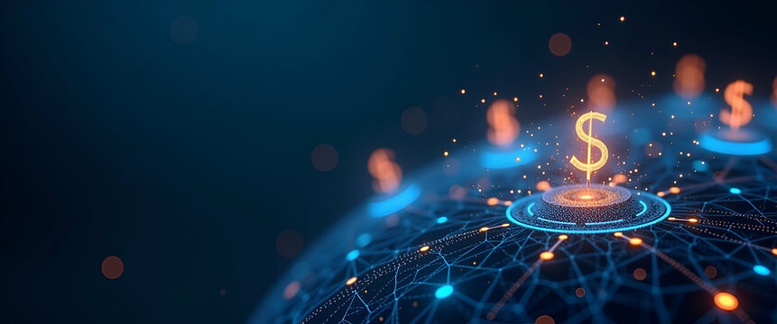 Contemporary Wallpaper Design: Abstract Visuals with Digital Grids & Currency Icons for Fintech Integration - Ideal for Corporate Text Overlays