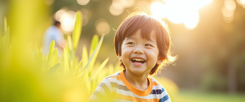 Bright Sunny Portrait of a Joyful Asian Boy Playing Outdoors: Capturing Natural Light and Carefree Happiness in Stock Photography with Empty Space for Text
