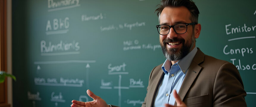 Retratos de un maestro inspirador en ambientes acad?micos: liderazgo, pasi?n educativa, impacto positivo en lecciones, espacio vac?o a la izquierda para texto.