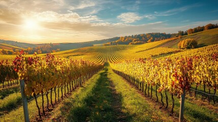 Fototapeta premium Scenic vineyard landscape at golden hour.