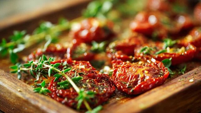Sun-Dried Tomatoes: An artful presentation of sun-dried tomatoes and herbs on a rustic wooden tray, evoking a sense of Mediterranean warmth and culinary delight.