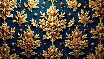 Intricate floral damask, elegant gold accents, art, wallpaper