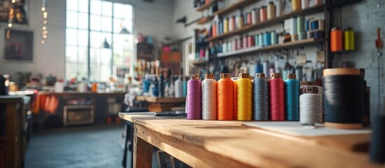 Colorful thread spools on a wooden table in a sewing workshop.